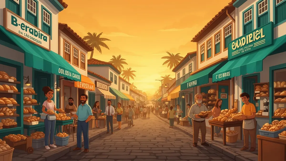 Comércio local de uma cidade brasileira ao entardecer